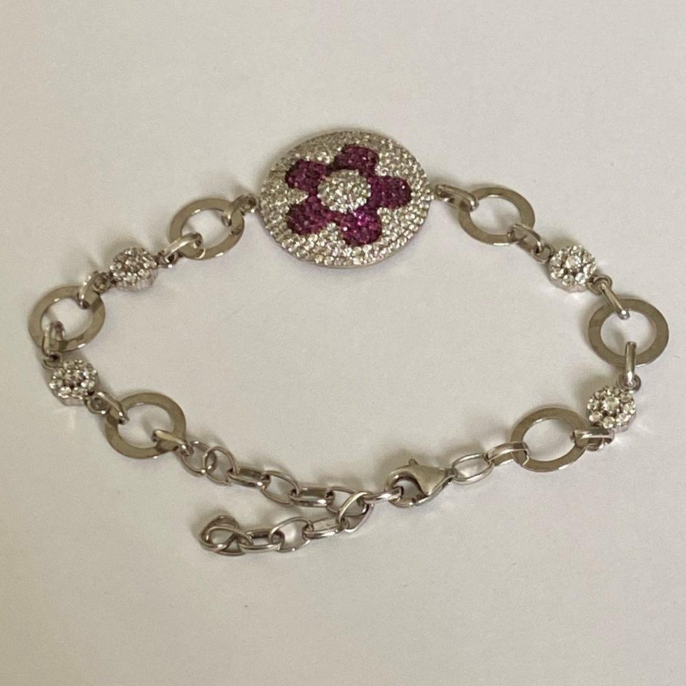 925 Silver flower bracelet pink clear zirconia cz stones flowers adjustable size - Picture 4 of 4